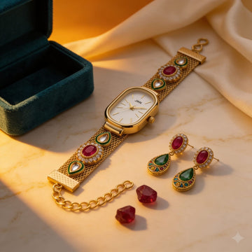 Royal Heritage Gold Watch Set By Suryatra | Ruby &amp; Emerald Accents
