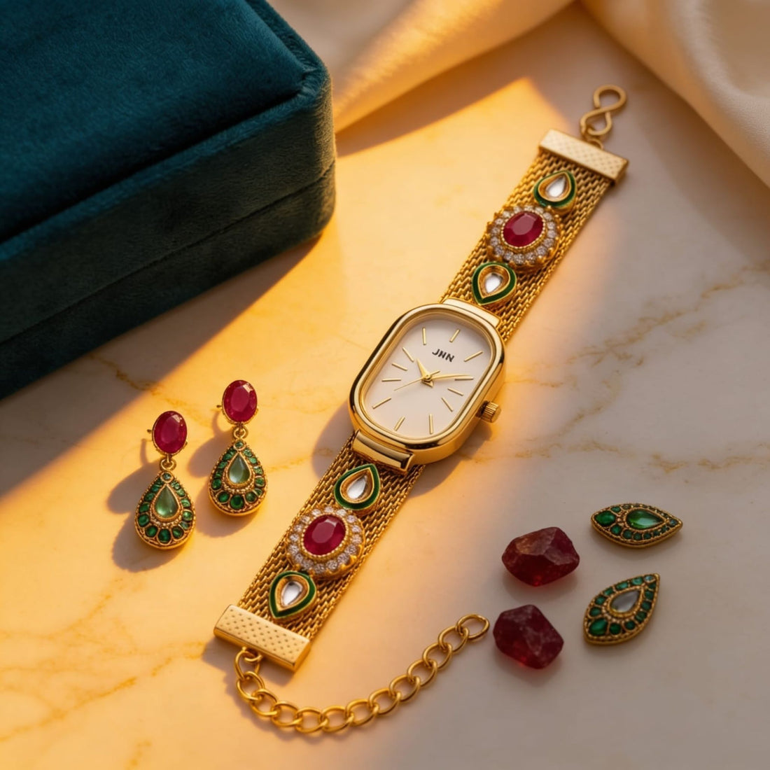 Royal Heritage Gold Watch Set By Suryatra | Ruby &amp; Emerald Accents