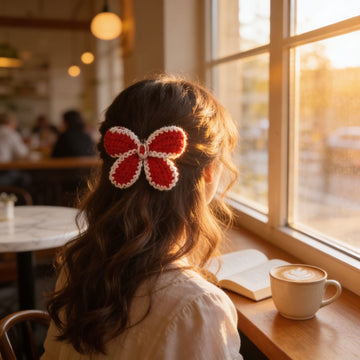 Ruby Bloom Crochet Flower Hair Clip By Suryatra | Red & Ivory