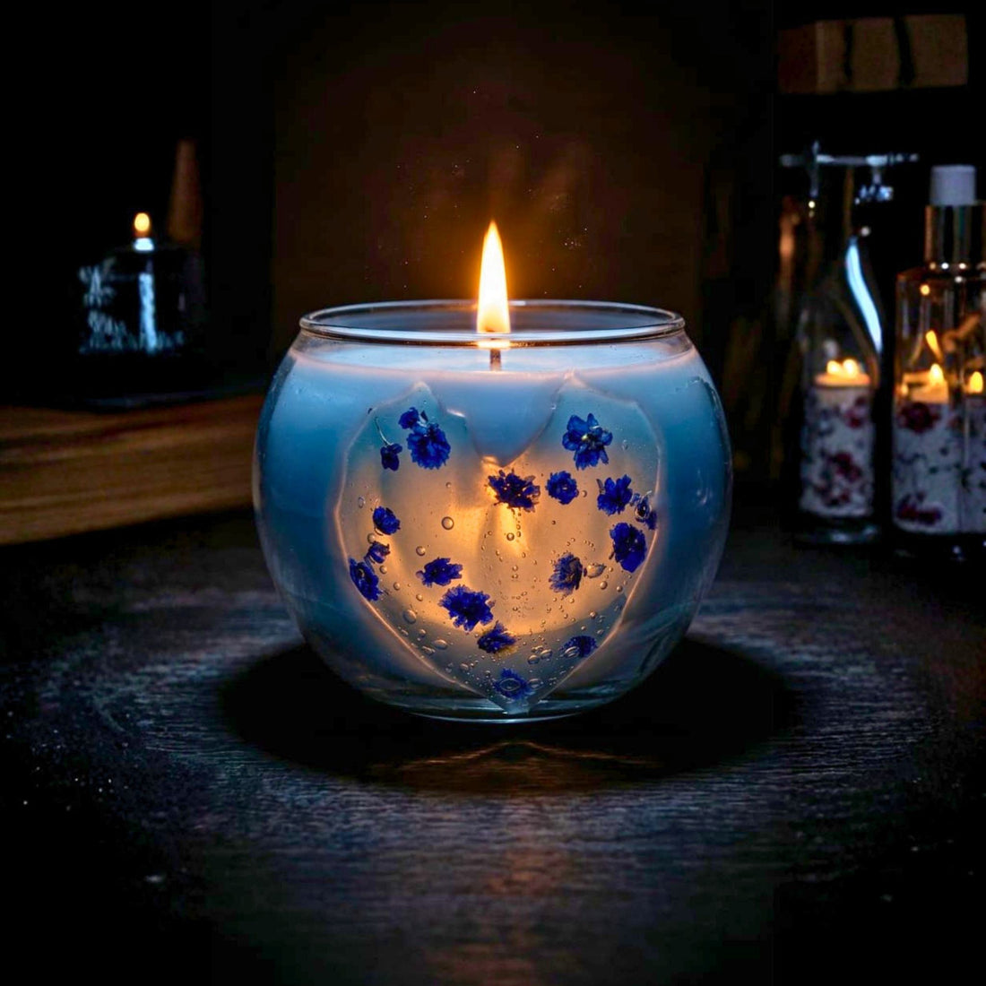 Blue Bloom Heart Glass Candle by Suryatra