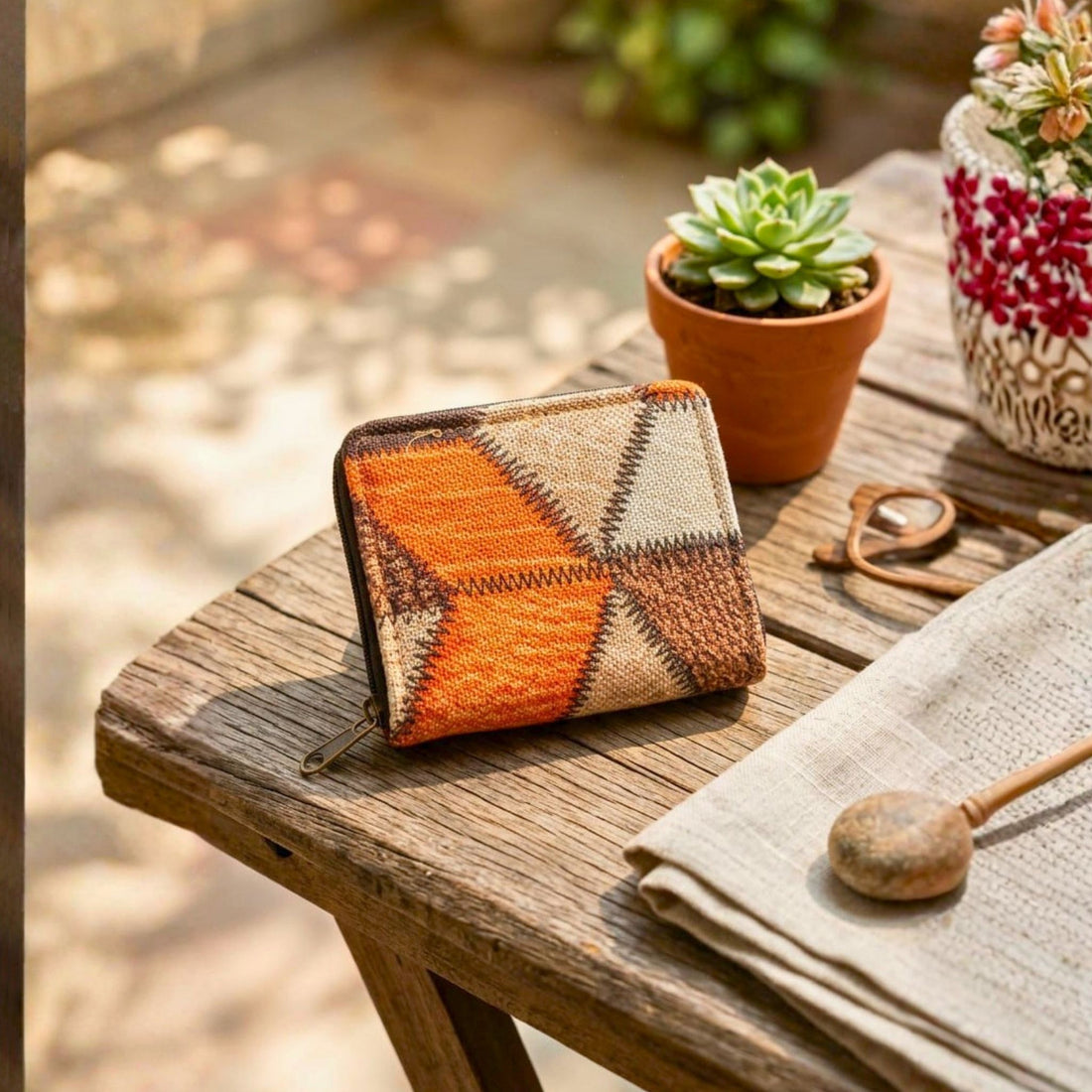 Patchwork Style Coin Pouch (Orange and Brown) by Suryatra