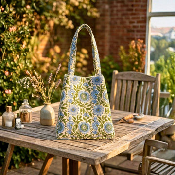 Convertible Tote (16*20 size) Sky Blue and green Pattern by Suryatra