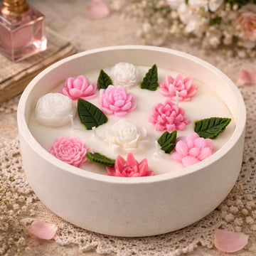 Blooming Garden of Delicate Flowers Captured Inside a Luminous Candle by Suryatra
