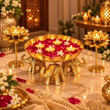 Golden Elephant Lotus Diya Décor Set