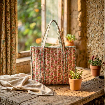 Quilted Tote Bag With Zip Closure (Pink and Green) by Suryatra