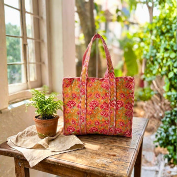 Quilted Tote Bag With Zip Closure (Yellow and Pink) by Suryatra