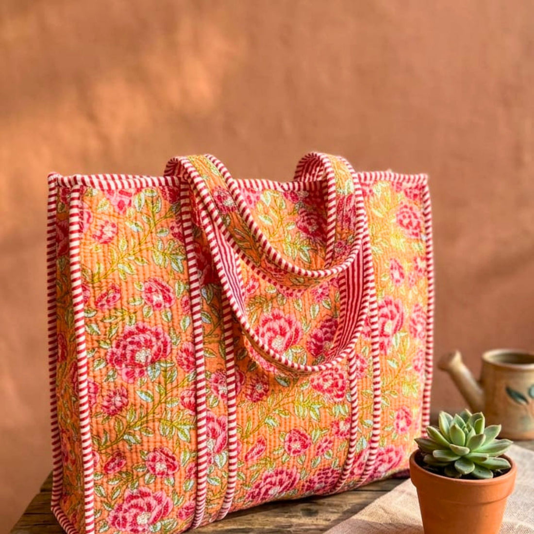 Quilted Tote Bag With Zip Closure (Yellow and Pink) by Suryatra