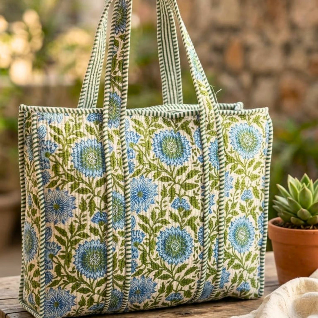 Quilted Tote Bag With Zip Closure (Blue and Green) by Suryatra