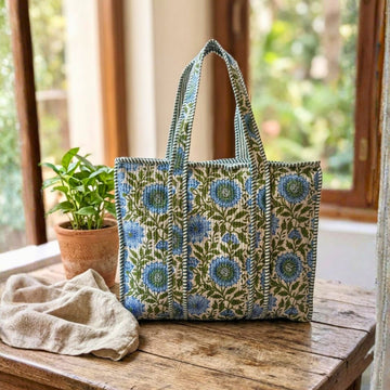 Quilted Tote Bag With Zip Closure (Blue and Green) by Suryatra