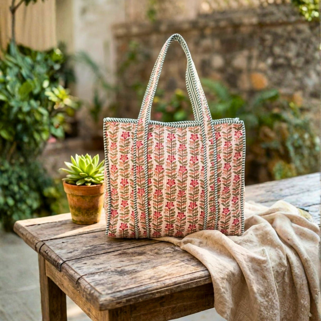 Quilted Tote Bag With Zip Closure (Pink and Green) by Suryatra