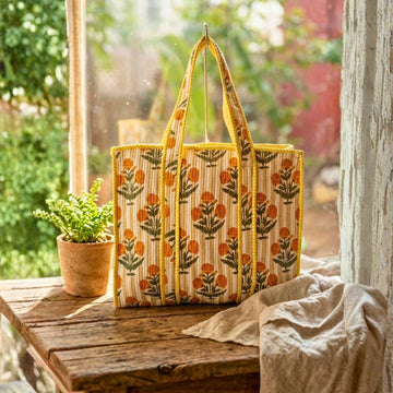 Quilted Tote Bag With Zip Closure (Yellow and Cream) by Suryatra
