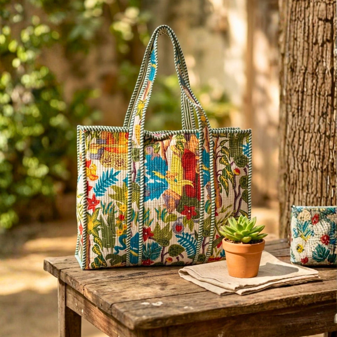 Quilted Tote Bag With Zip Closure (Green and Blue) by Suryatra