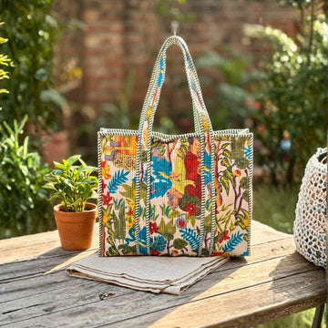 Quilted Tote Bag With Zip Closure (Green and Blue) by Suryatra