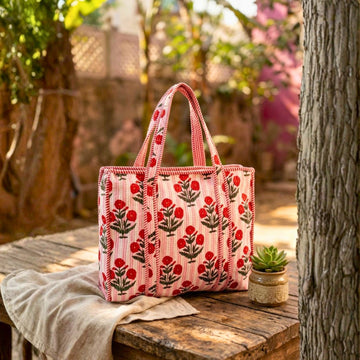 Quilted Tote Bag With Zip Closure (Pink and Red) by Suryatra