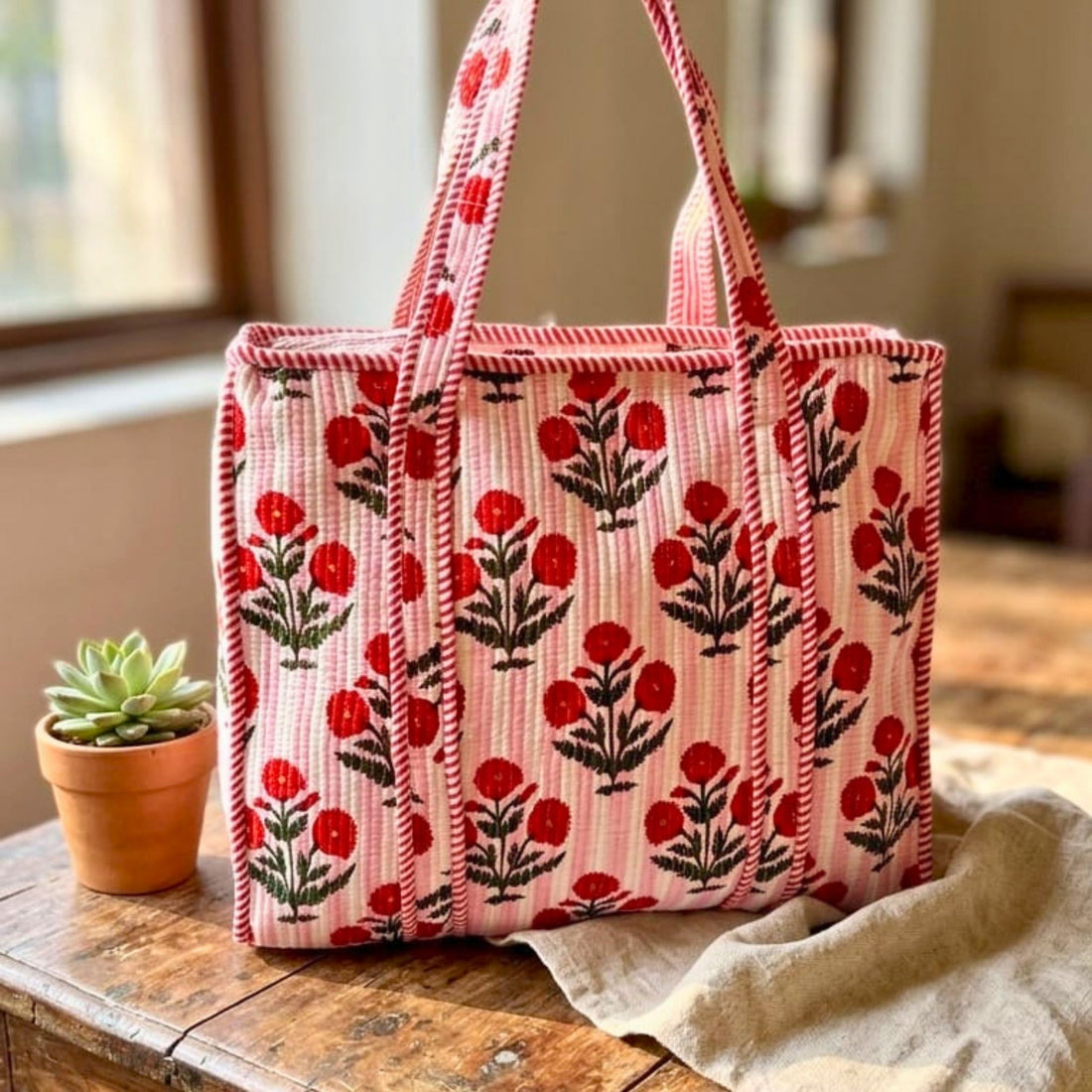Quilted Tote Bag With Zip Closure (Pink and Red) by Suryatra