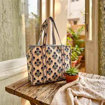Quilted Tote Bag With Zip Closure (Blue and Cream) by Suryatra