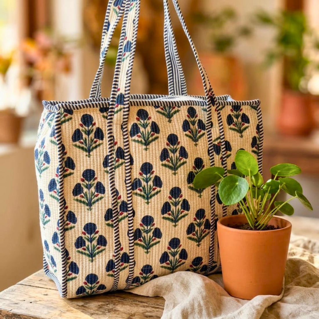 Quilted Tote Bag With Zip Closure (Blue and Cream) by Suryatra