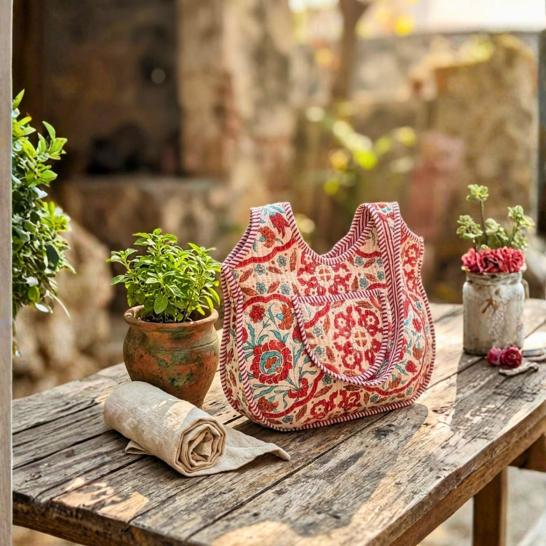 Quilted Tote Round Bag With Zip Closure (Pink and Red) by Suryatra