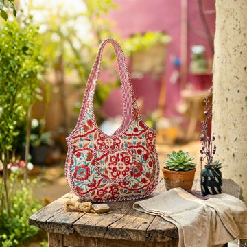 Quilted Tote Round Bag With Zip Closure (Pink and Red) by Suryatra