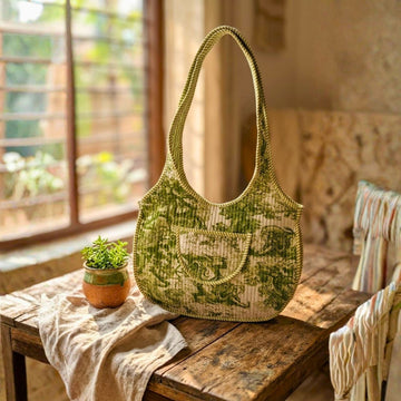 Quilted Tote Round Bag With Zip Closure (Green and Cream) by Suryatra