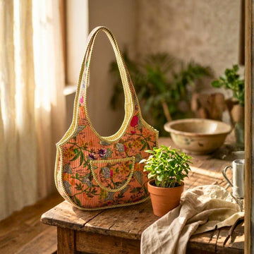 Quilted Tote Round Bag With Zip Closure (Yellow and Orange) by Suryatra