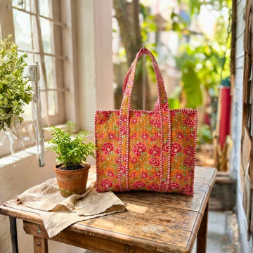 Quilted Tote Bag With Zip Closure (Pink and Cream) by Suryatra