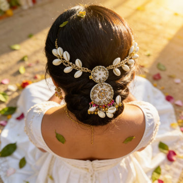 Ivory Pearl Kundan Cowrie Hair Adornment by Suryatra