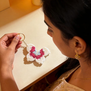 Sunflutter Crochet Butterfly Keychain (White-Pink) by Suryatra