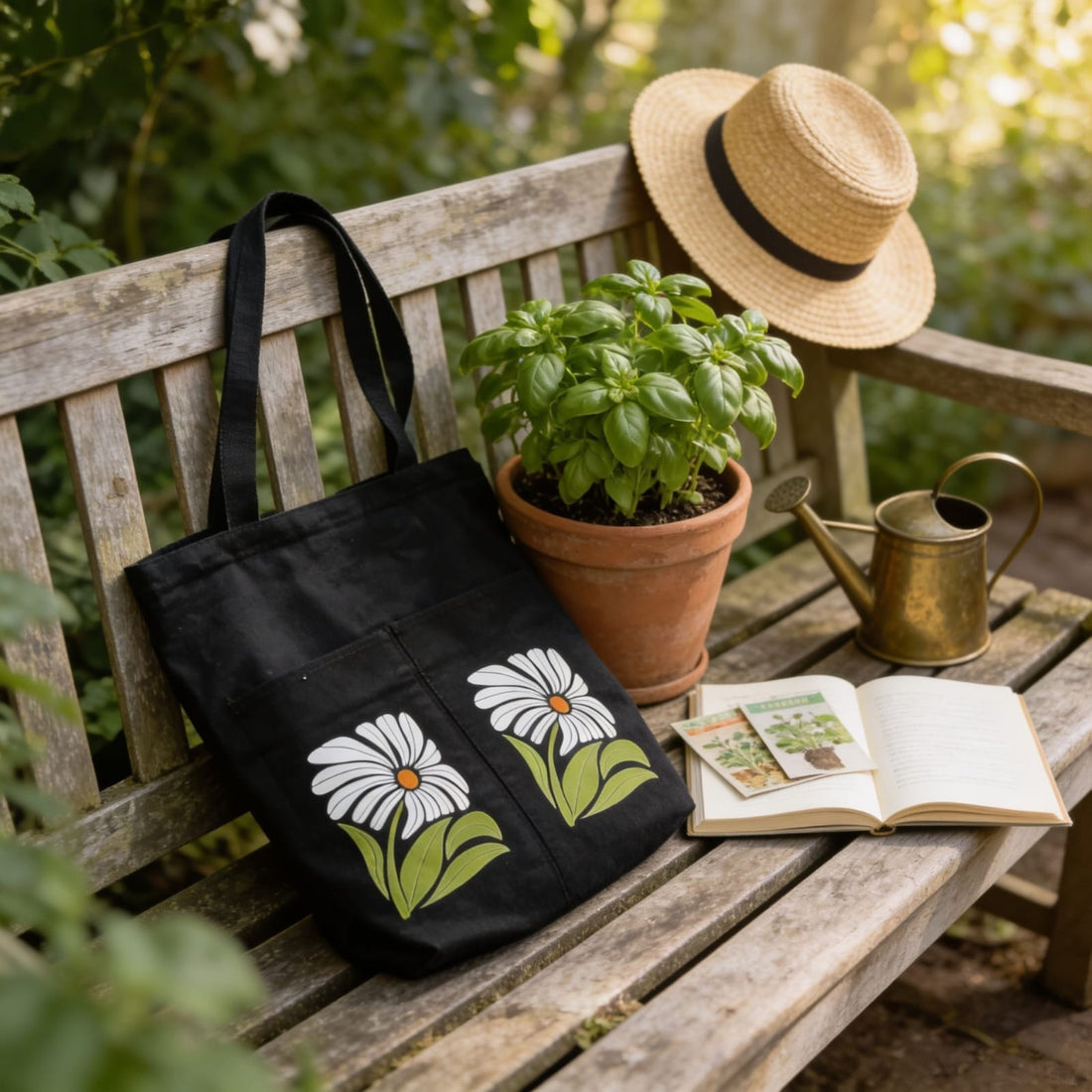 Classic Daisy Noir Canvas Tote Bag by Suryatra