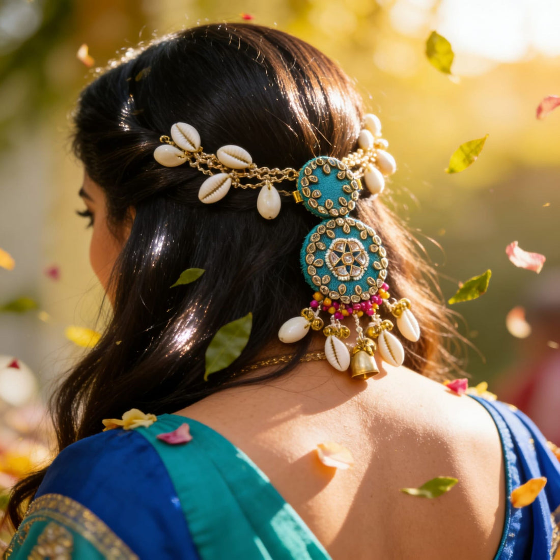 Emerald Teal Kundan Cowrie Hair Adornment by Suryatra