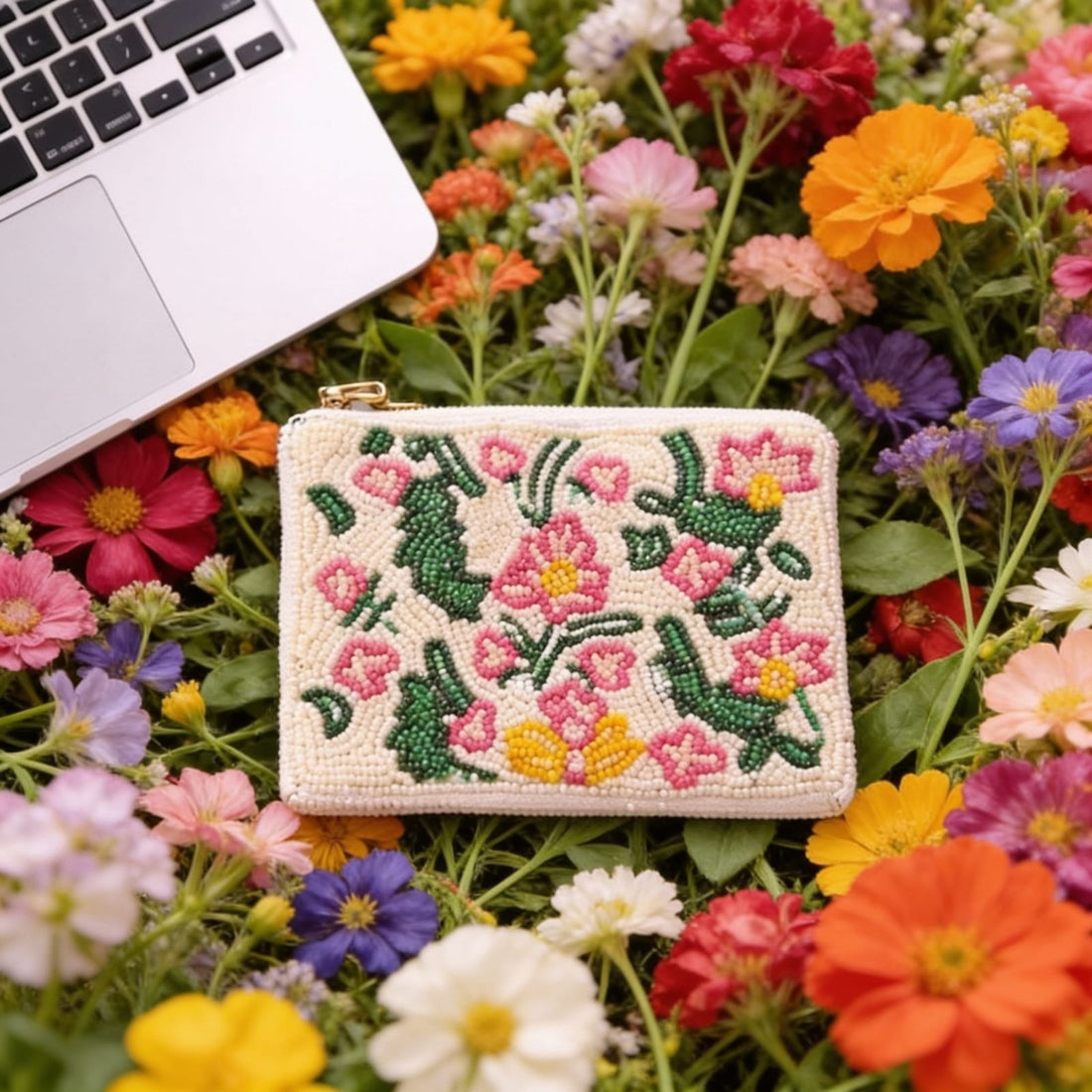 Wildflower Meadow Beaded Pouch by Suryatra