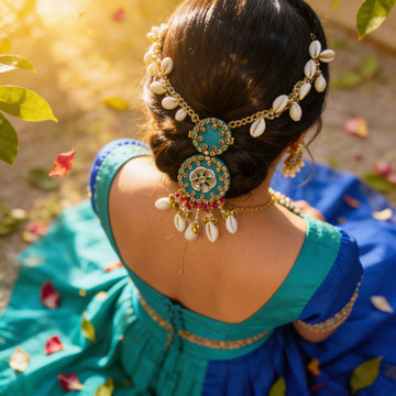 Emerald Teal Kundan Cowrie Hair Adornment by Suryatra