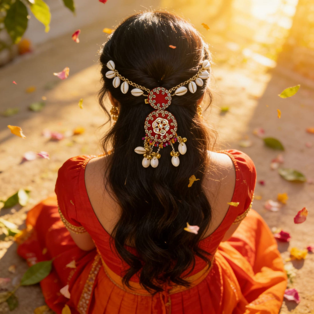 Ruby Red Kundan Cowrie Hair Adornment by Suryatra