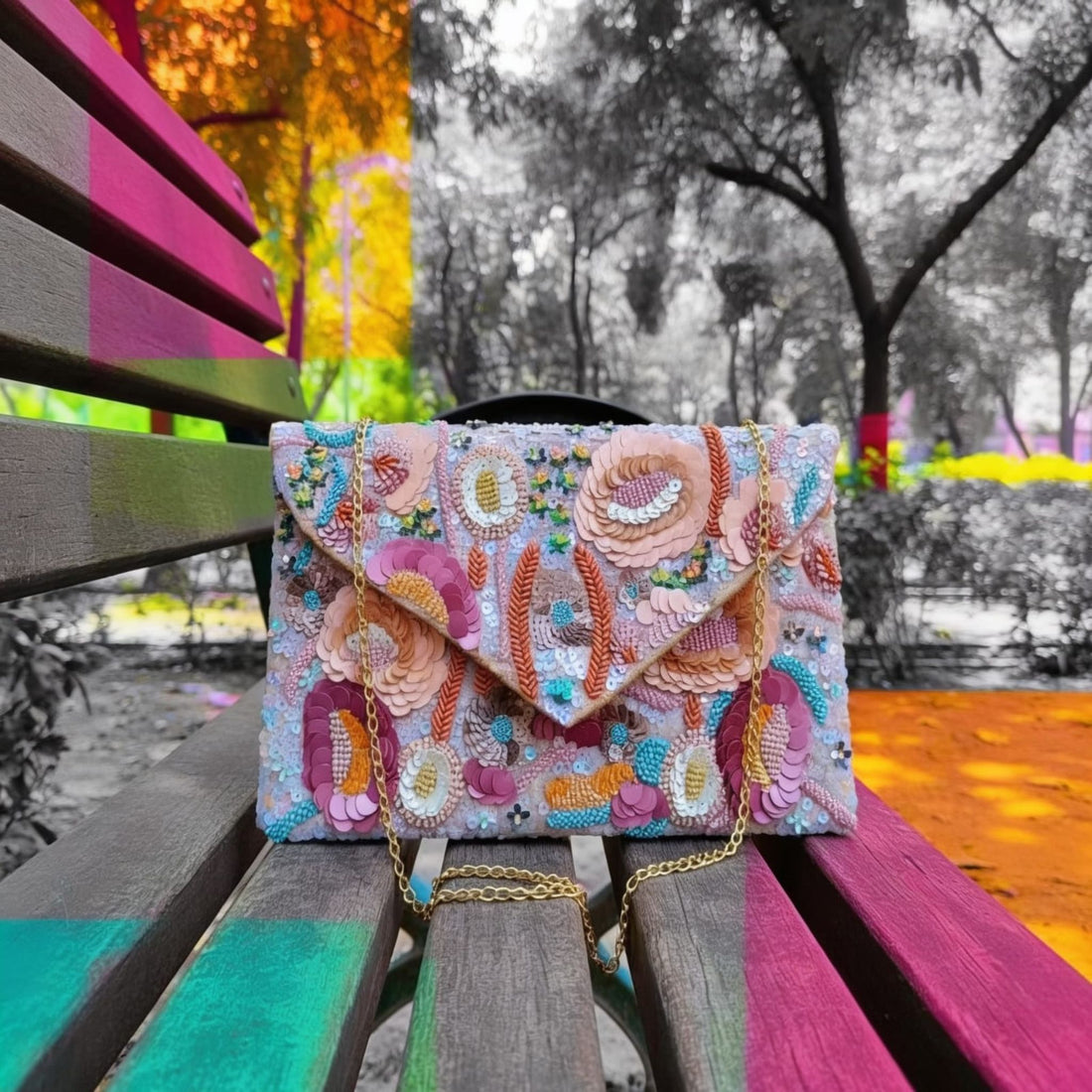 Meadow Blossom Sequin Envelope Sling Bag by Suryatra