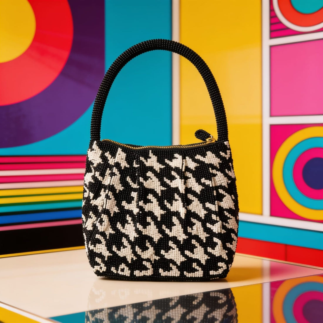 Noir Classic Houndstooth Beaded Bag by Suryatra