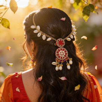 Ruby Red Kundan Cowrie Hair Adornment by Suryatra