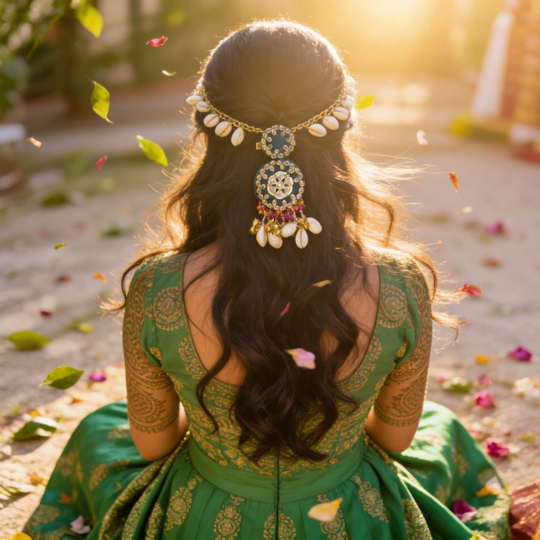 Emerald Forest Kundan Cowrie Hair Adornment by Suryatra