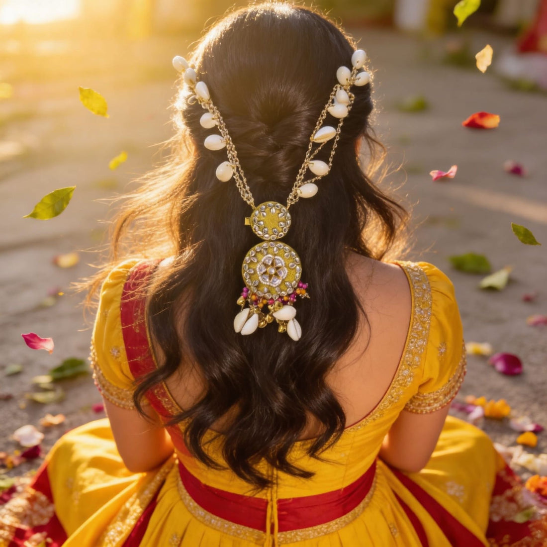 Golden Sun Kundan Cowrie Hair Adornment by Suryatra