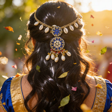 Royal Blue Kundan Cowrie Hair Adornment by Suryatra