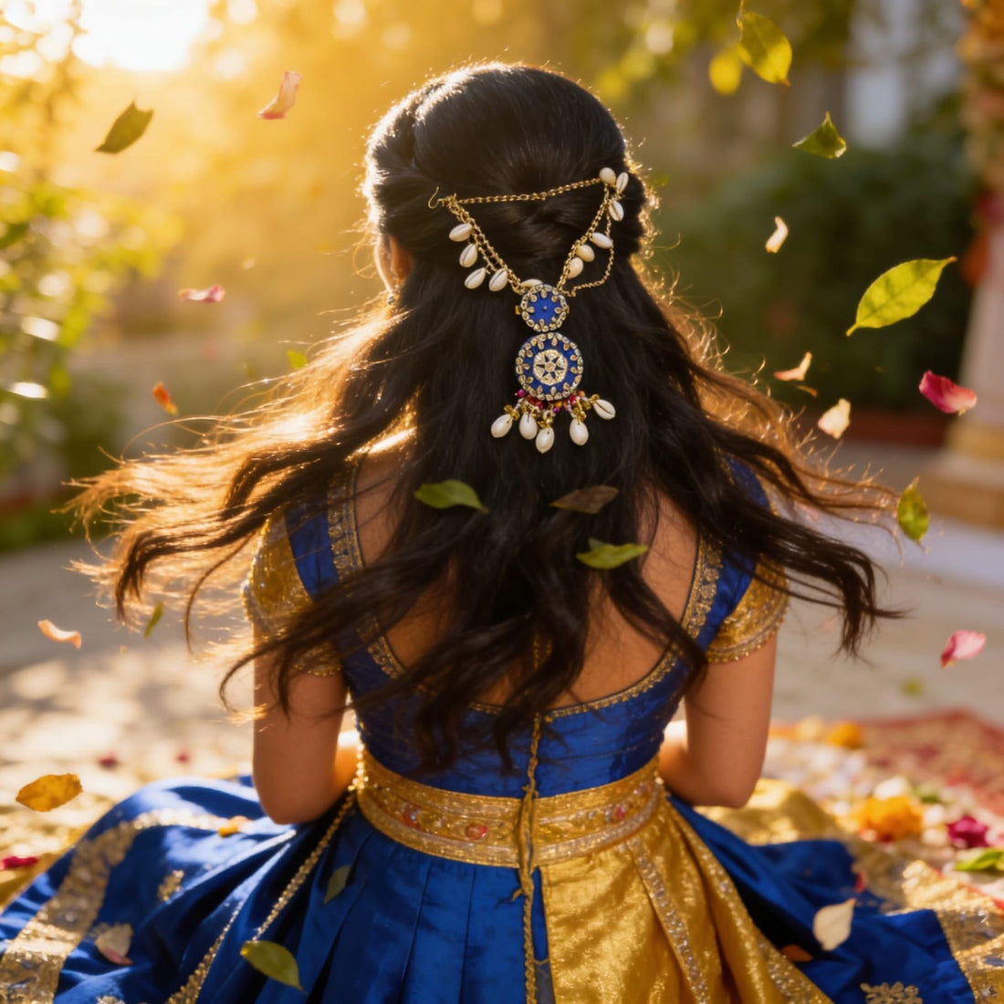 Royal Blue Kundan Cowrie Hair Adornment by Suryatra