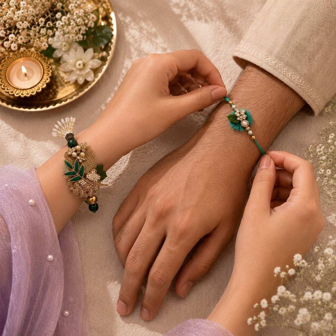 Emerald Garden Rakhi & Bracelet Set by Suryatra