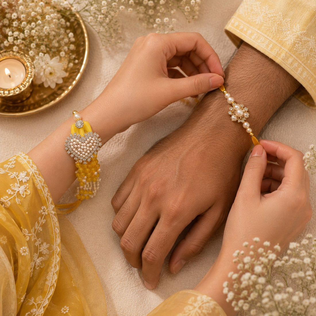 Sunshine Pearl Rakhi & Bracelet Set  by Suryatra