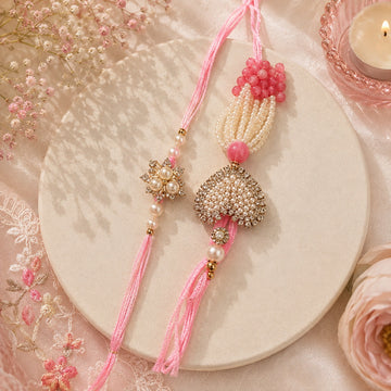 Royal Pink Pearl Rakhi & Bracelet Set by Suryatra