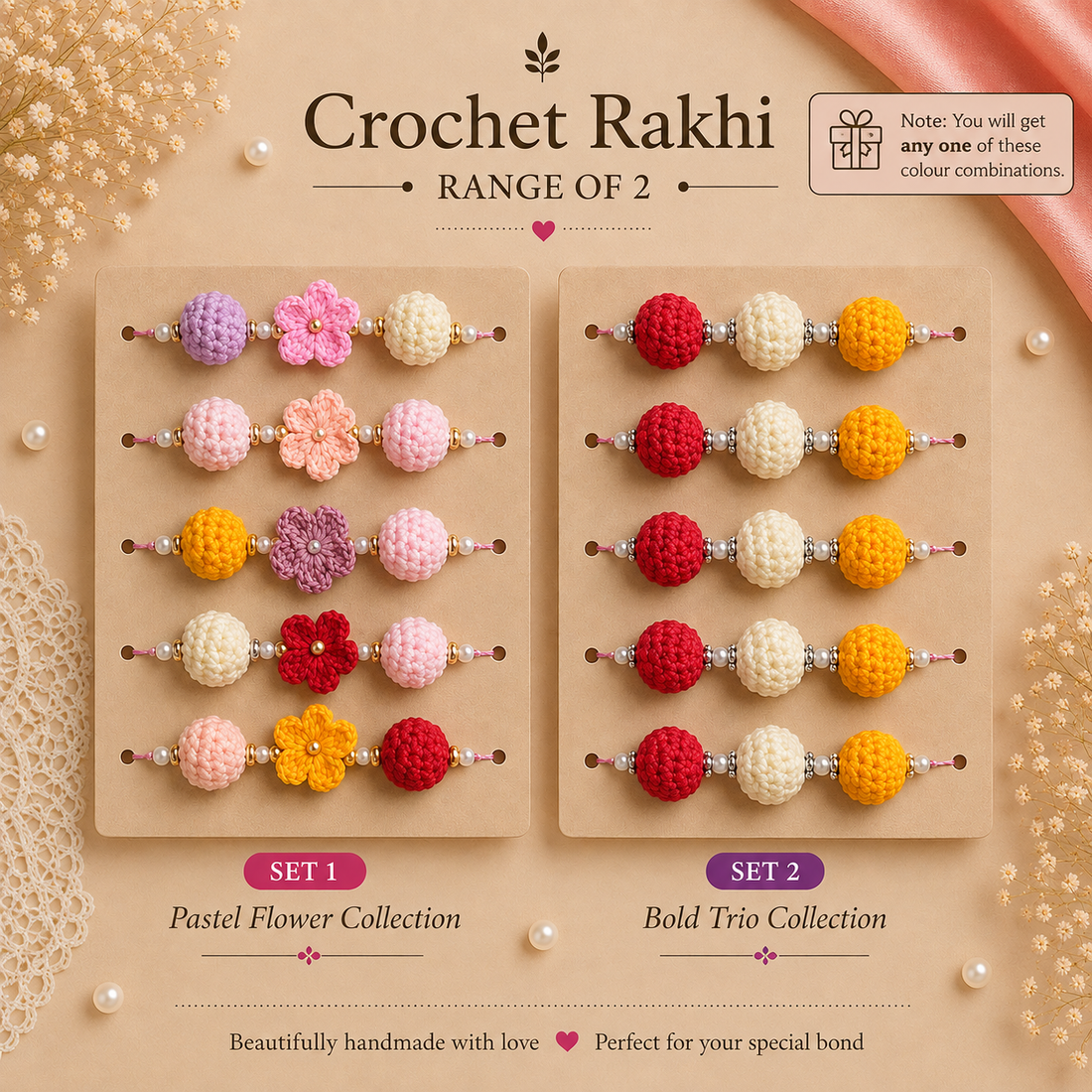 Pastel Flower & Bold Tri Rakhi Set of 2 by Suryatra