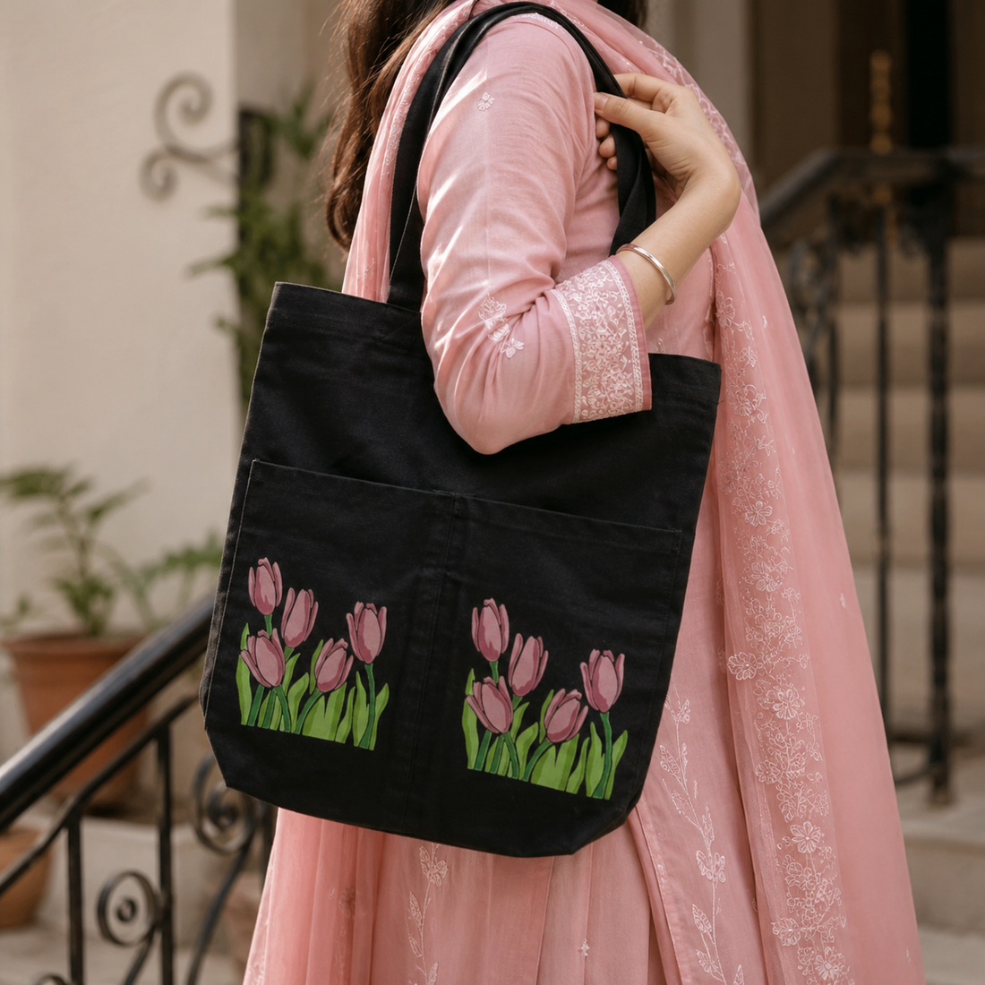 Noir Tulip Canvas Tote Bag by Suryatra