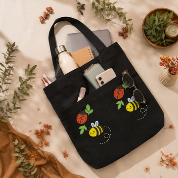 Honey Bee Garden Noir Canvas Tote Bag by Suryatra