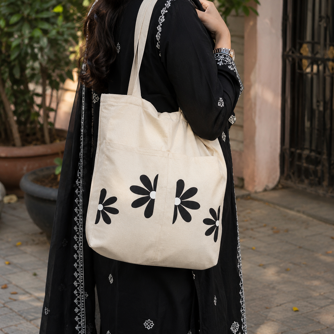 Noir Daisy Canvas Tote Bag by Suryatra