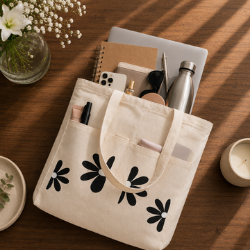 Noir Daisy Canvas Tote Bag by Suryatra