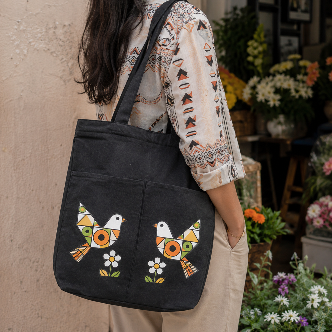 Folk Art Mosaic Canvas Tote Bag by Suryatra