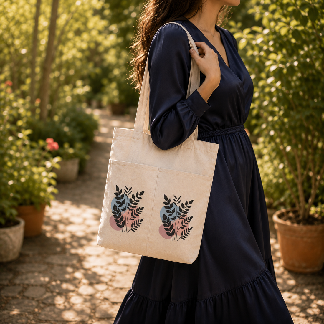 Botanical Canvas Tote Bag (Black Leaves)